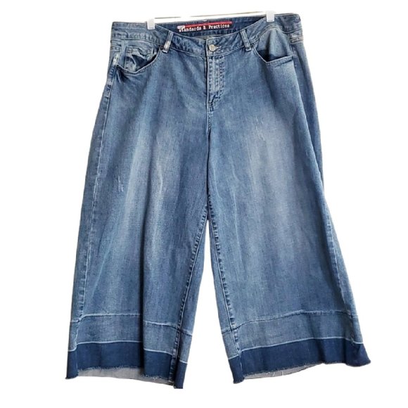 Light Wash Standards + Practices Raw Hem Wide Legged Crop Spring Denim Jeans - Picture 1 of 11